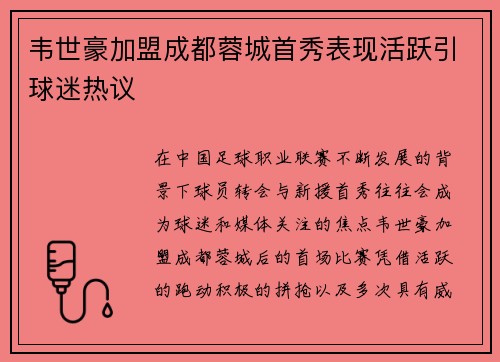 韦世豪加盟成都蓉城首秀表现活跃引球迷热议