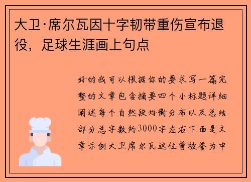 大卫·席尔瓦因十字韧带重伤宣布退役，足球生涯画上句点